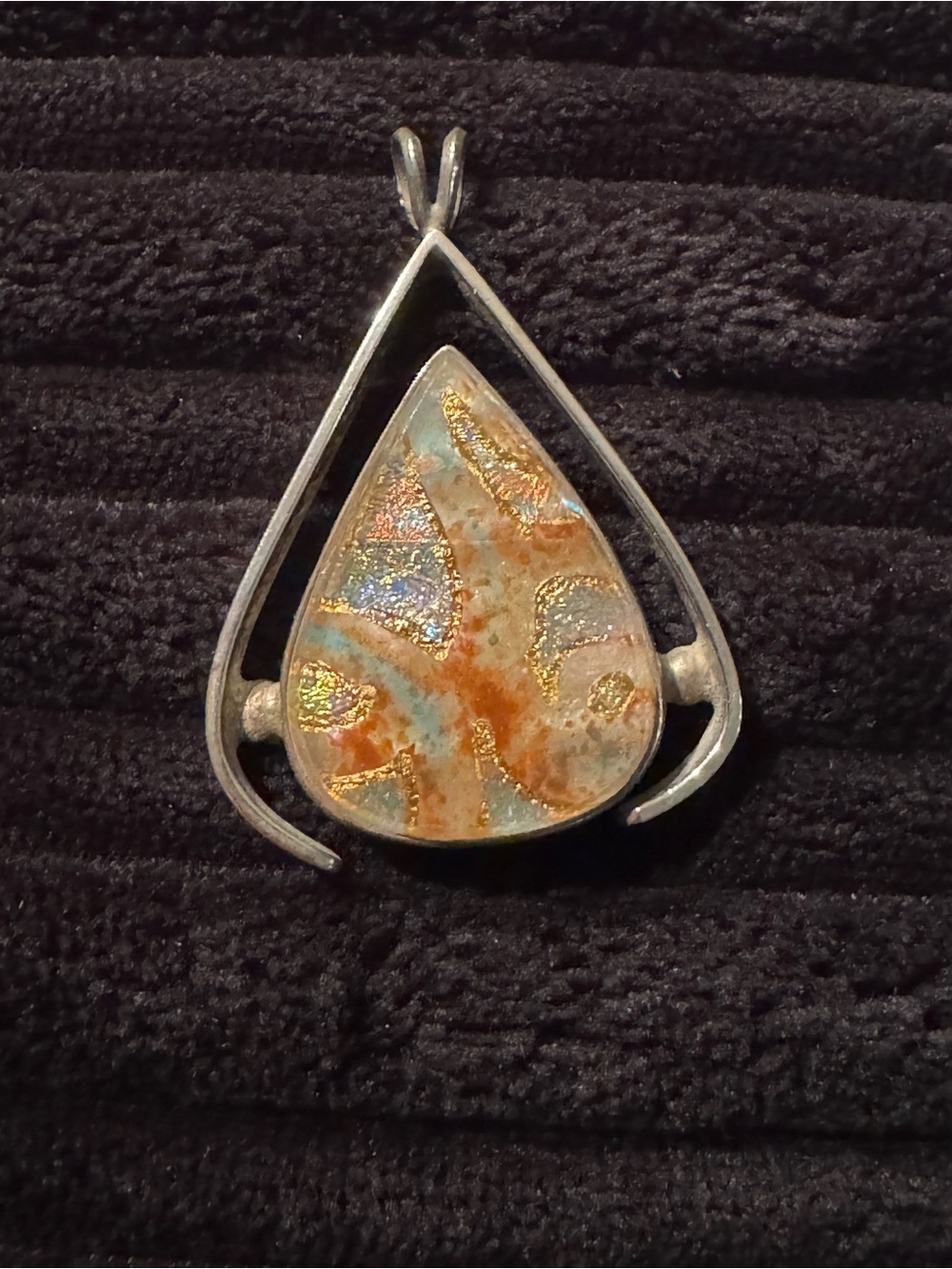 Silver Teardrop Pendant with Iridescent Orange and Gold Inlay